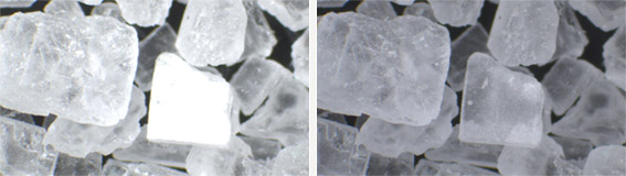 Salt crystals, illuminated without diffusor vs illuminated through “hand-made” diffusor